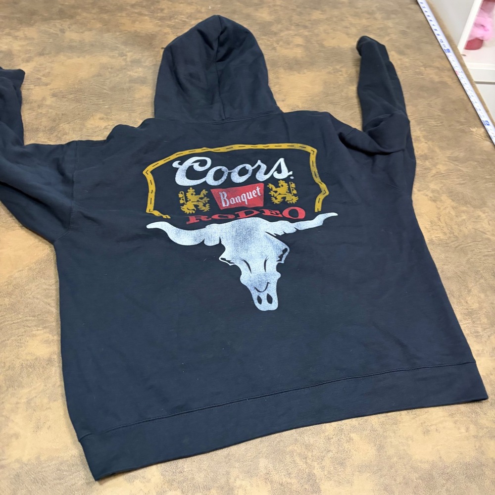 Coors Banquet Beer Hoodie Mens XL Black Rodeo Steer Skull Graphic Sweatshirt